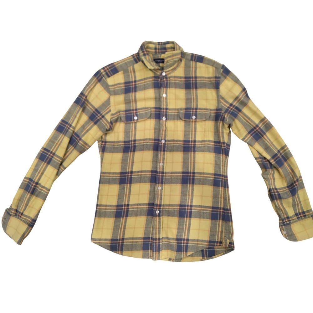 Proper Cloth Mens Yellow Blue Plaid Flannel Button Down Shirt Long‎ Sleeve L
